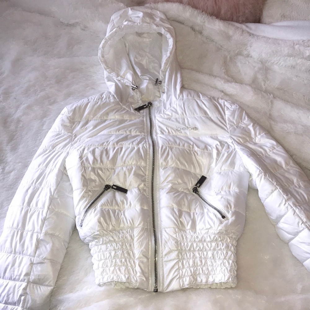 Bebe Small S White Windbreaker Jacket Coat Silver